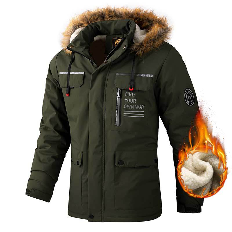 Men Hooded Parka Jacket Warm Windproof Multiple Pockets Outdoor