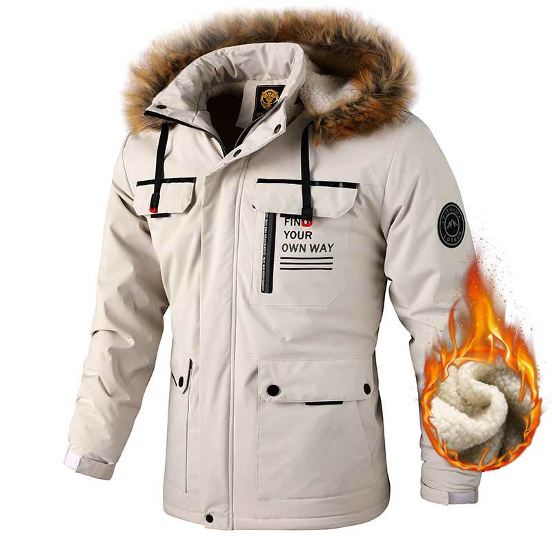 Men Hooded Parka Jacket Warm Windproof Multiple Pockets Outdoor